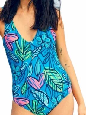 aerie Teal Floral One-Piece Swimsuit with Pink & Lime Accents